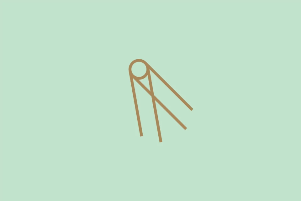 Abstract illustration features a tan geometric shape resembling a minimalist pulley system on a light green background.
