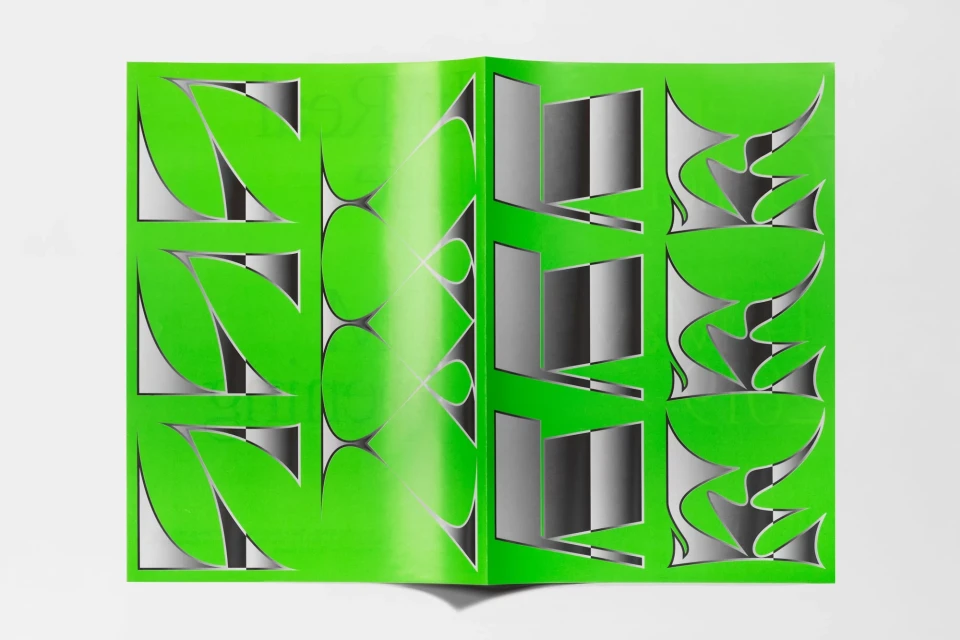 Graphic design on magazine spread: vibrant green background with abstract leaf shapes and gradient geometric patterns, studio lighting.