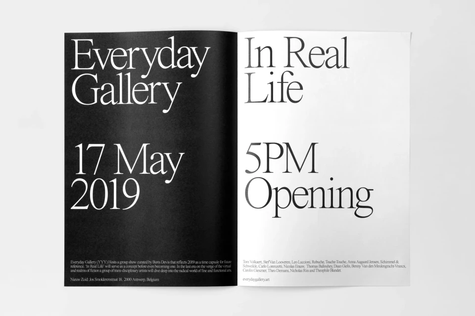 Double-page spread of a publication featuring event details for 'Everyday Gallery' and 'In Real Life,' including dates, times, and artist names.