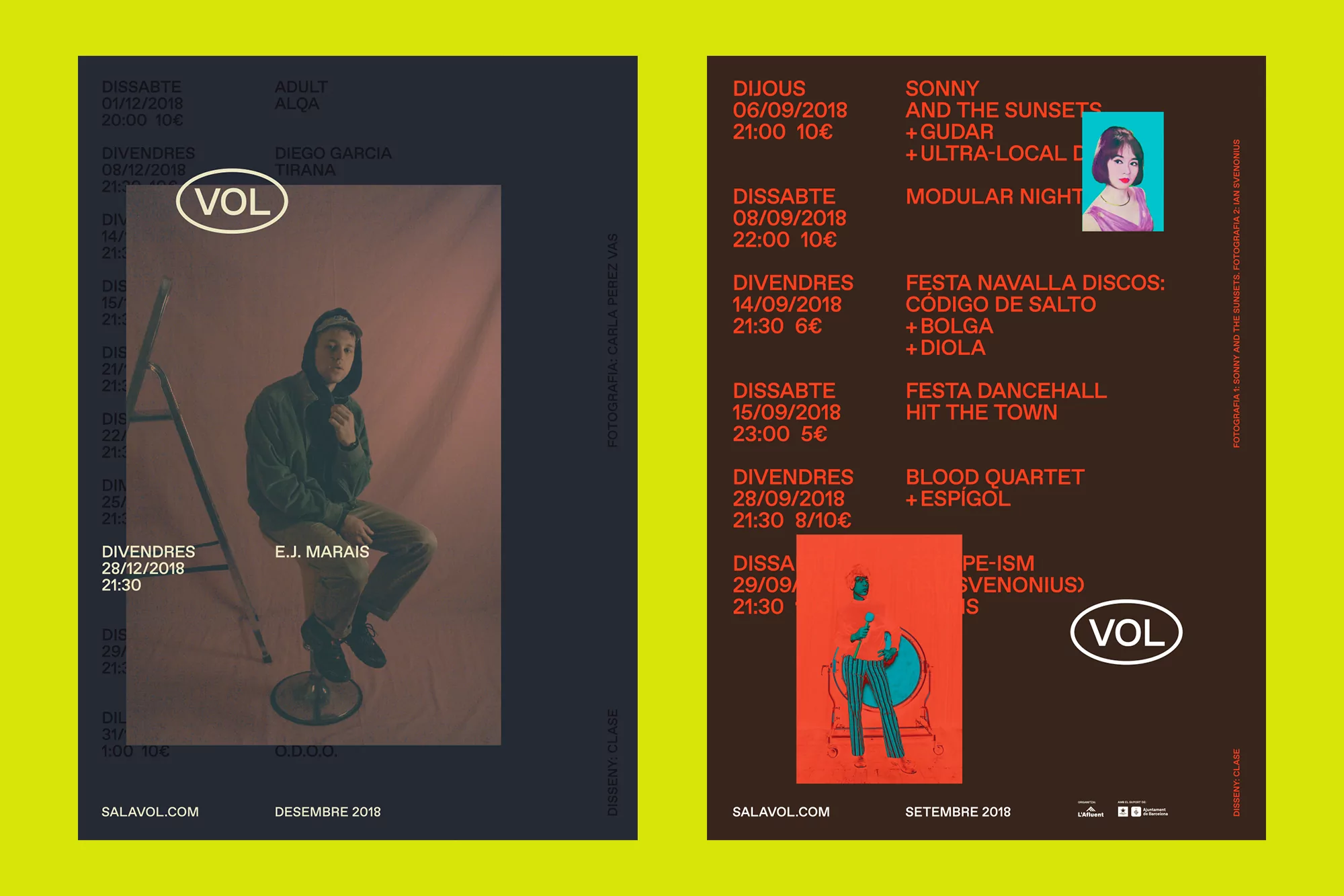 VOL brand identity poster design by Clase featuring event schedules, typography, and photography.