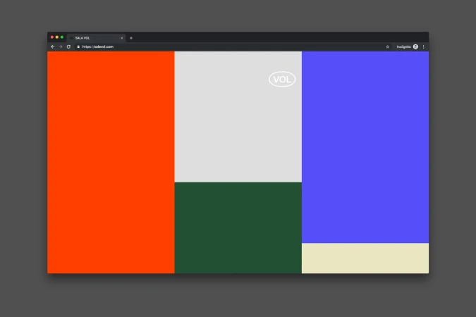Screenshot of a website with a modern minimalist design featuring geometric blocks of color, including orange, gray, green, blue, and beige.