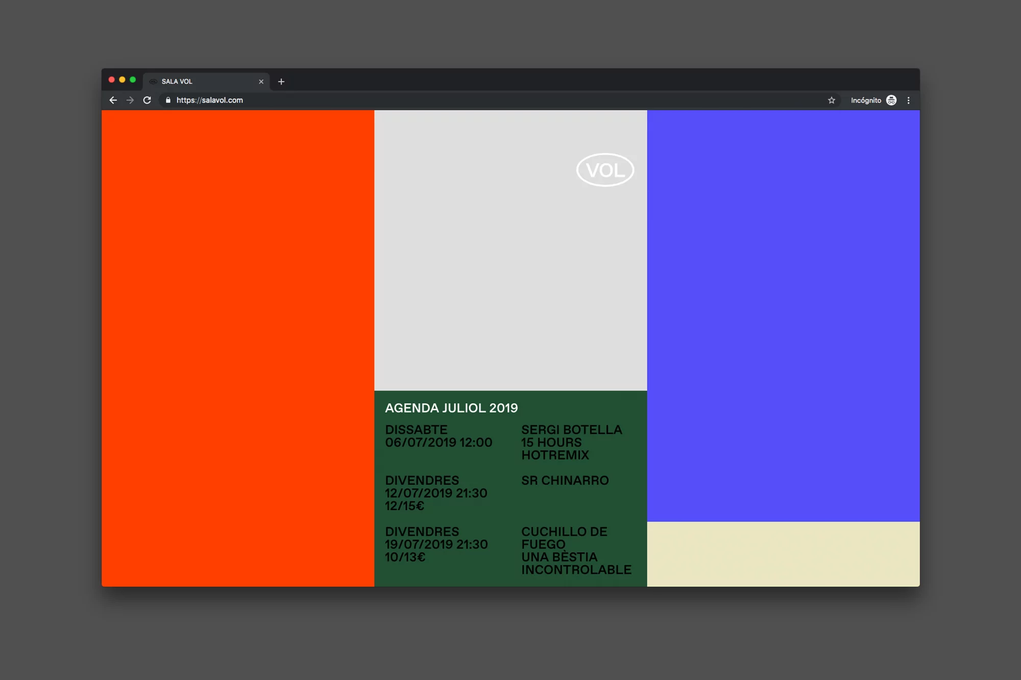 A webpage on a gray screen displays an event agenda for Sala Vol in July 2019, featuring colorful geometric blocks in red, gray, blue, and cream.