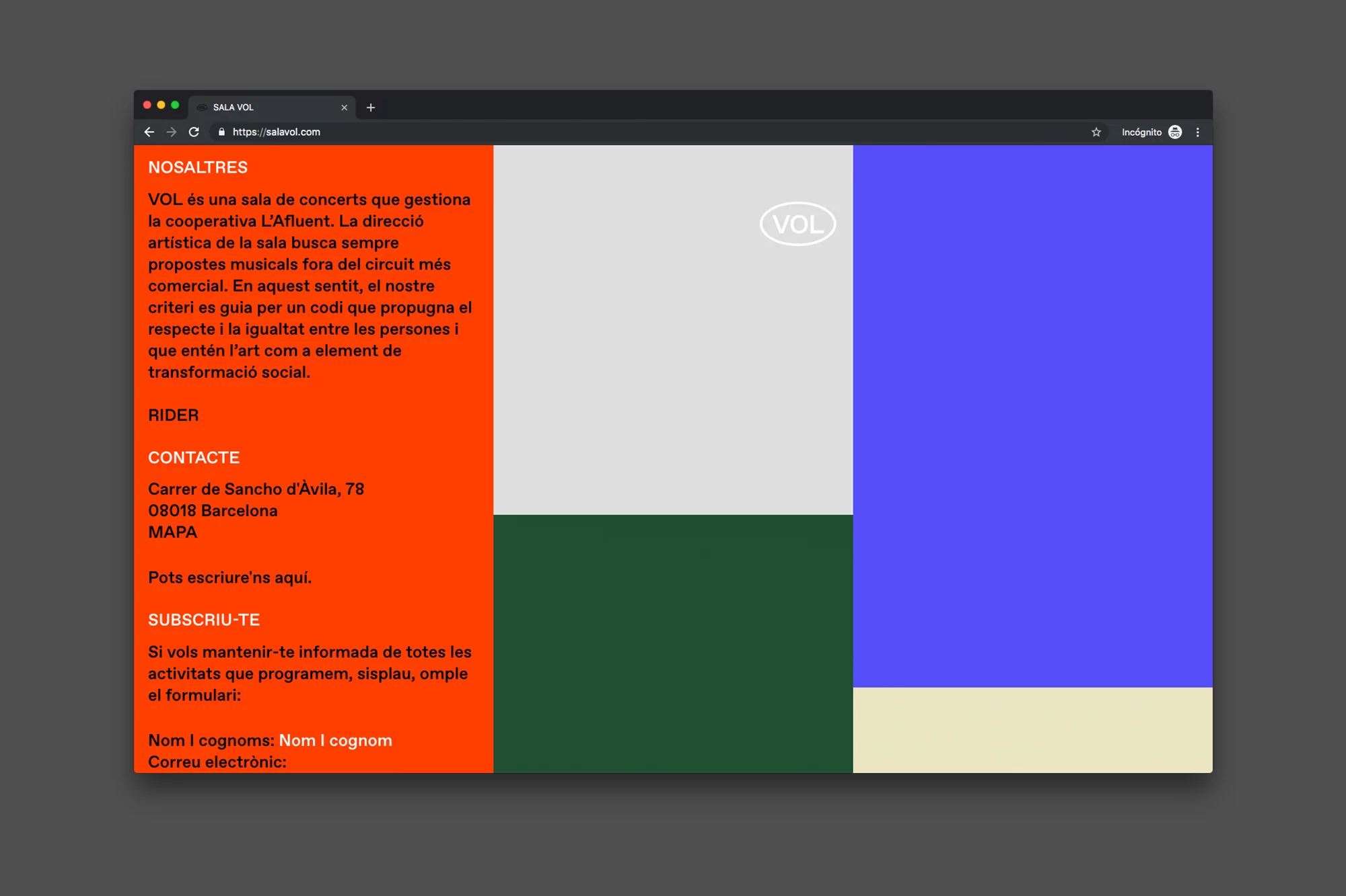 Screenshot of salaVol.com, a concert venue website, featuring blocks of orange, green, blue, and beige with text and the company logo.