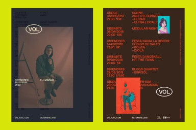 VOL brand identity poster design by Clase featuring event schedules, typography, and photography.