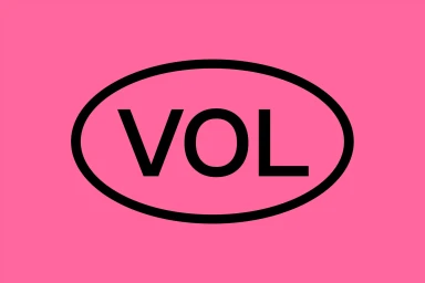 VOL brand identity graphic featuring bold black typography inside a horizontal oval on a vibrant pink background.