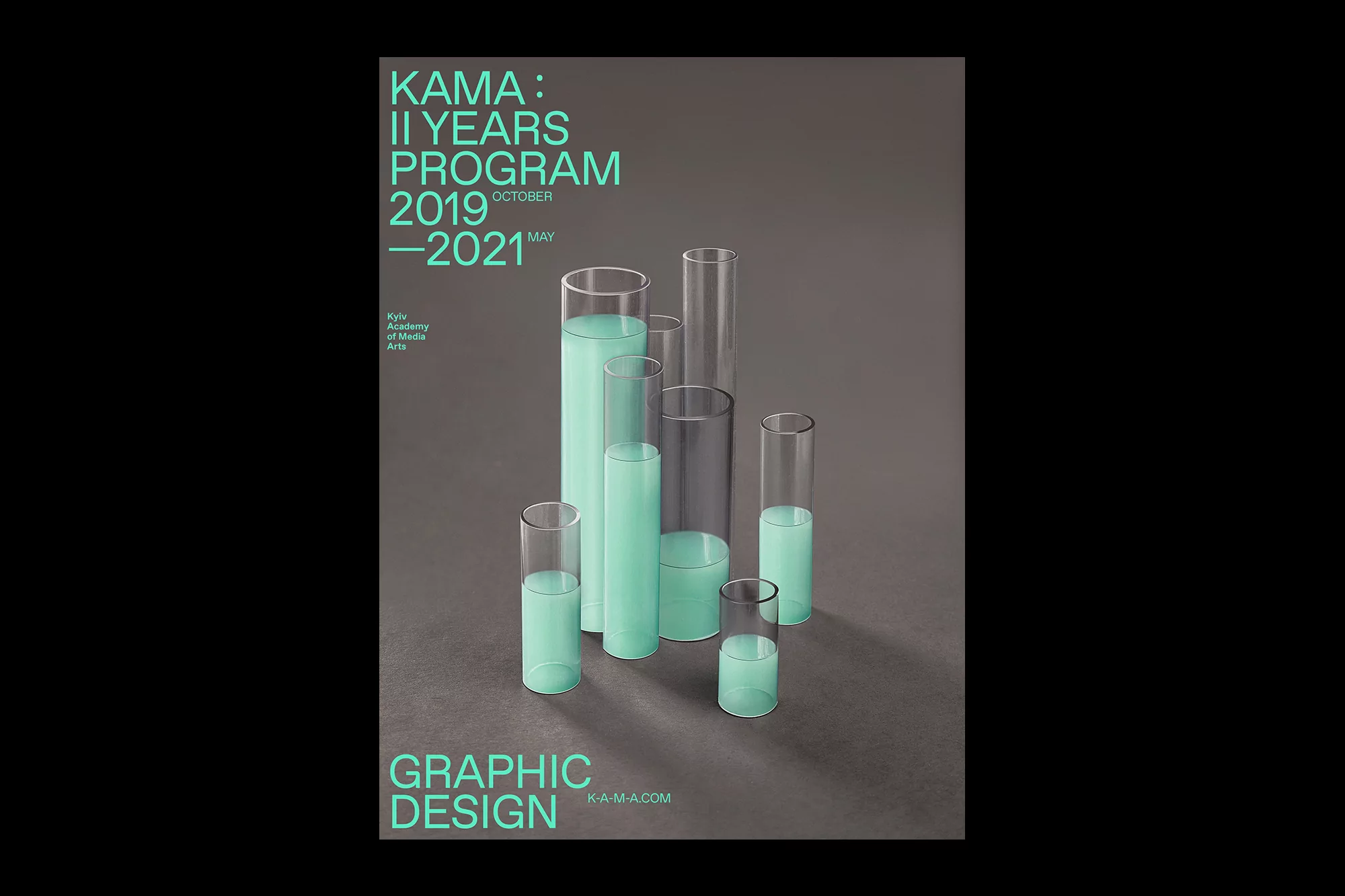 Graphic design poster featuring clear tubes filled with teal liquid, set against a grey background with bold sans-serif typography.