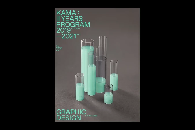 Graphic design poster featuring clear tubes filled with teal liquid, set against a grey background with bold sans-serif typography.