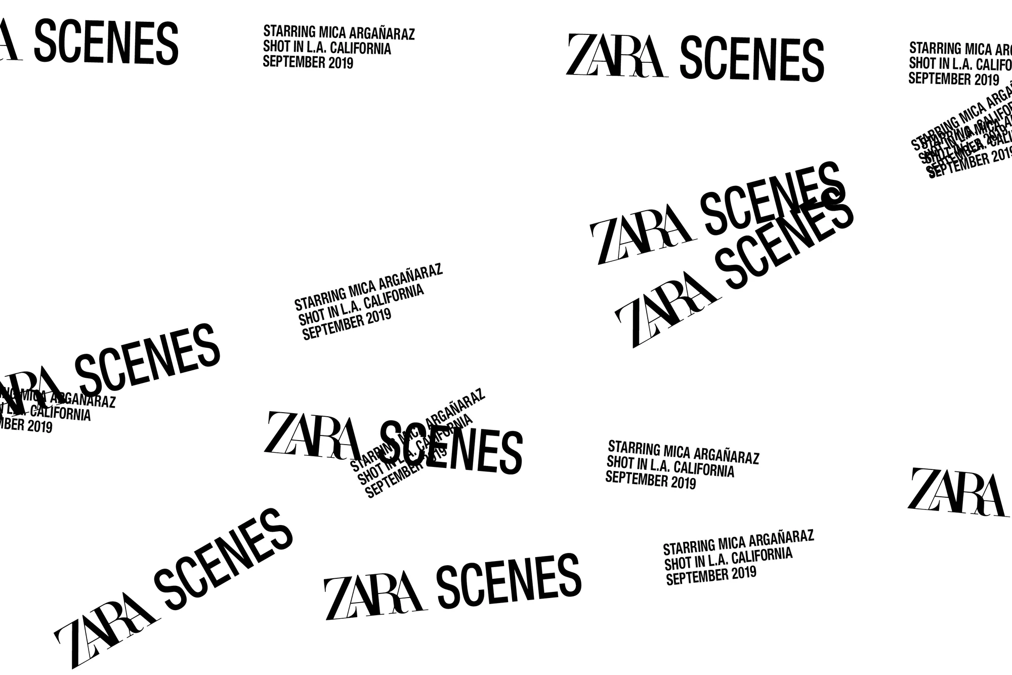 Zara Scenes graphic with scattered text including Zara Scenes, Starring Mica Argañaraz Shot in L.A. California September 2019 on a white backdrop.