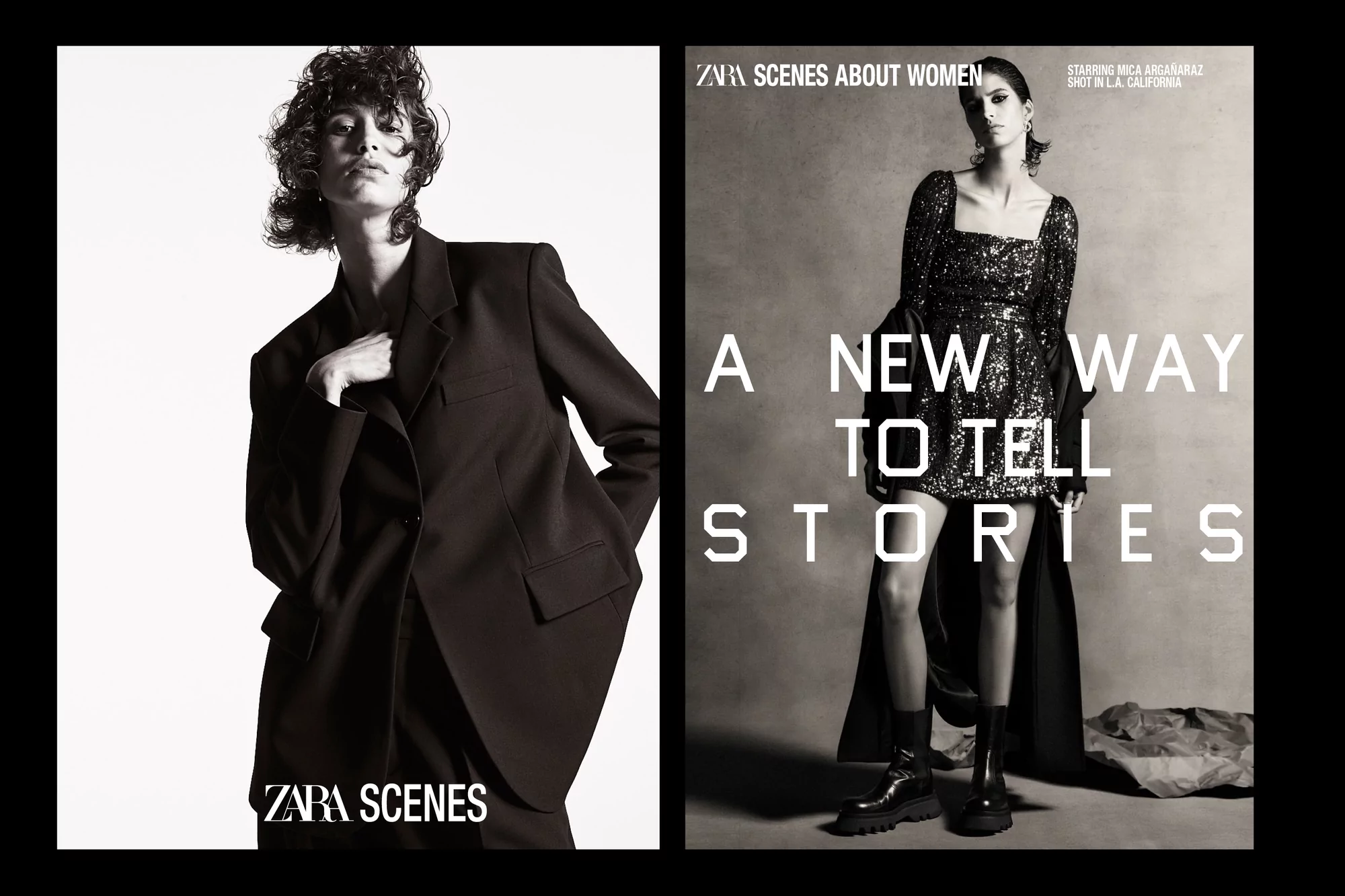Zara Scenes ad: Woman in oversized black suit on white. Woman in sequined mini dress, black boots on grey. Fashion editorial.