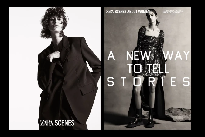 Zara Scenes ad: Woman in oversized black suit on white. Woman in sequined mini dress, black boots on grey. Fashion editorial.
