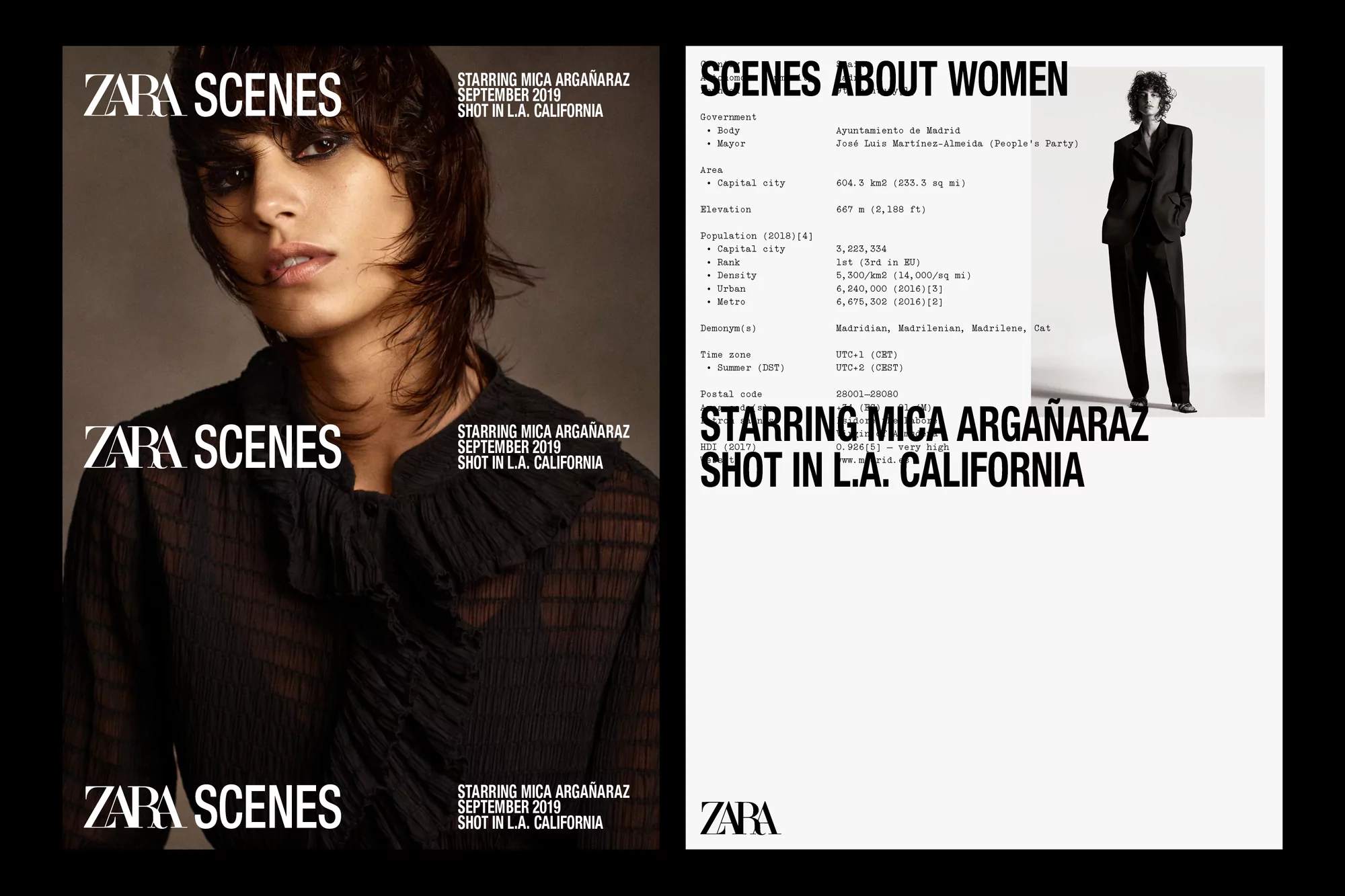 Zara scenes fashion ad with a close-up of model Mica Argañaraz next to a column of serif-font text, shot in studio with side lighting.