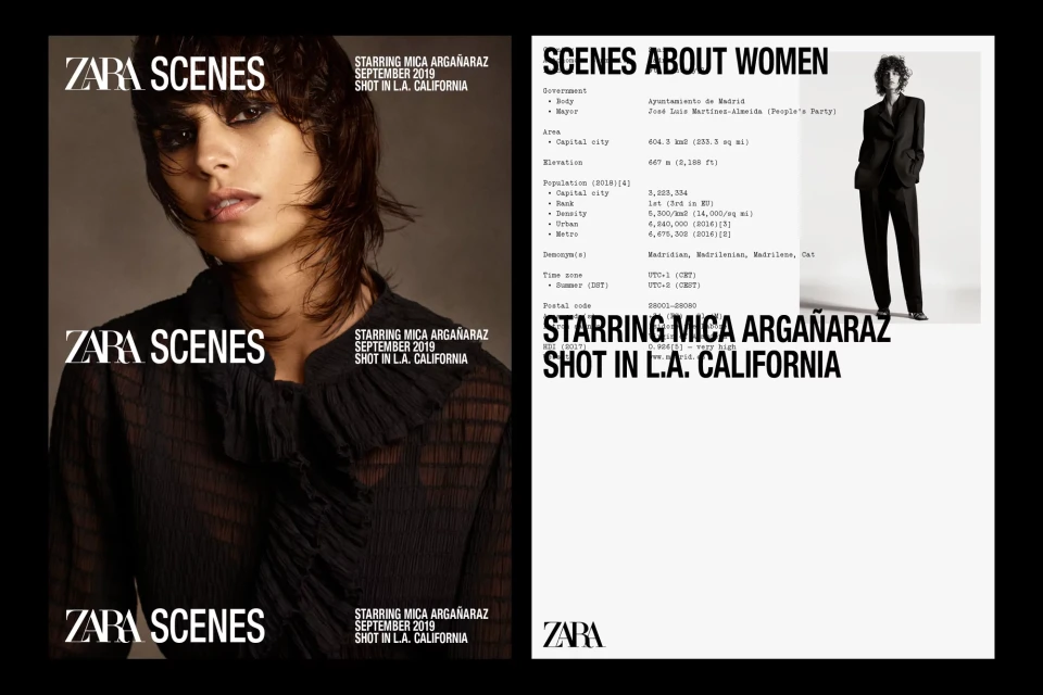 Zara scenes fashion ad with a close-up of model Mica Argañaraz next to a column of serif-font text, shot in studio with side lighting.
