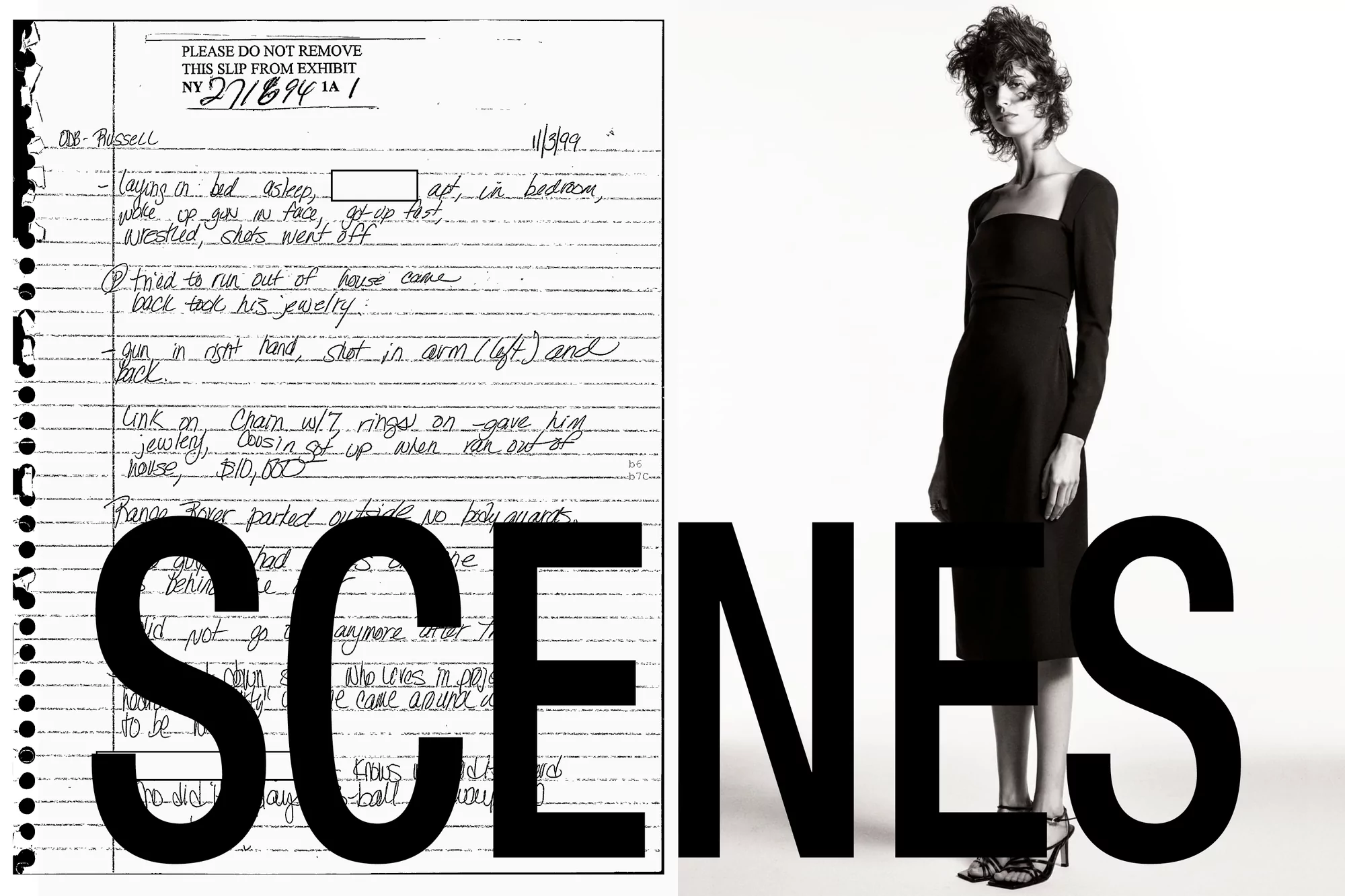 A black and white fashion editorial juxtaposes a woman in a dress with a handwritten document, creating a 'Scenes' visual statement.