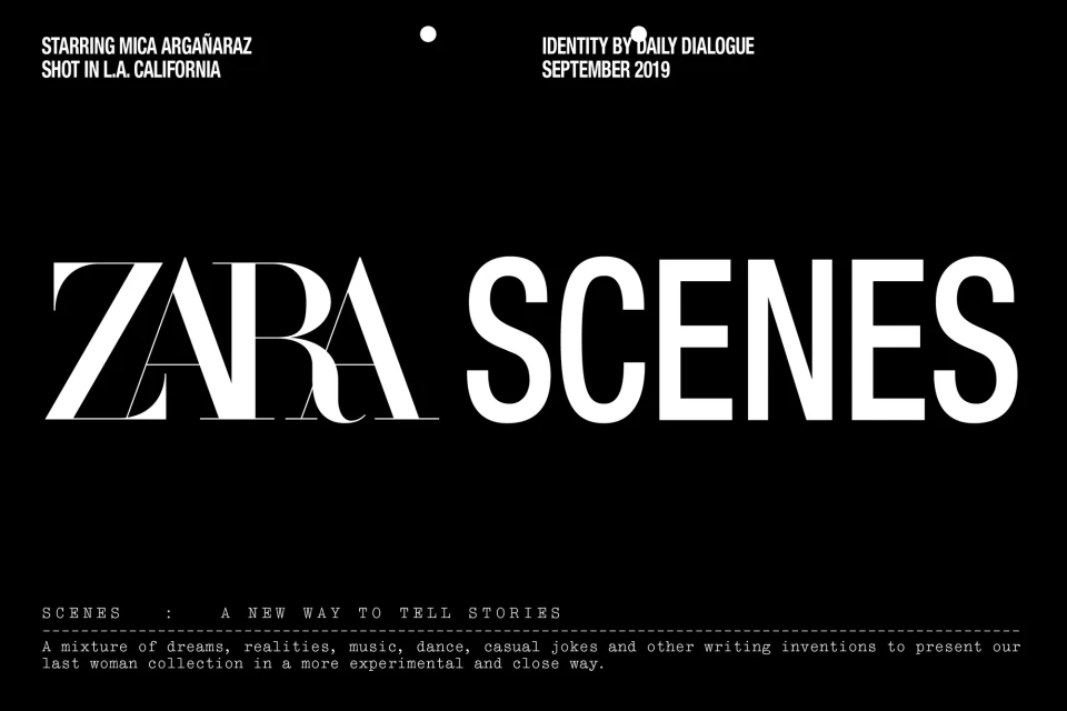 Zara Scenes advertising image on black backdrop. Features bold sans-serif text with brand name, and fashion campaign details.