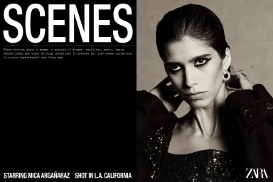 Monochrome portrait of Mica Argañaraz with dark eyeliner and sequined top for Zara brand identity campaign