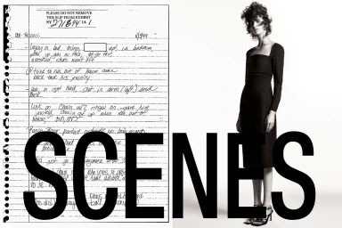 Model in black dress beside handwritten document page overlaid with bold black uppercase text SCENES