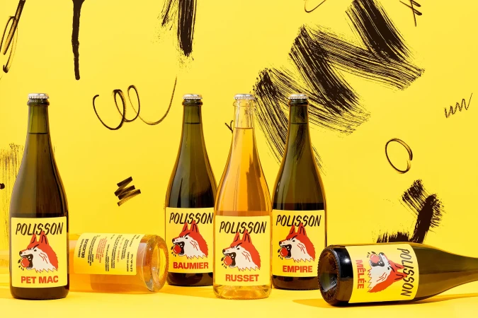 Several green glass bottles with brand labels are arranged on a yellow background with brushstroke decorations. Bottles contain liquid.