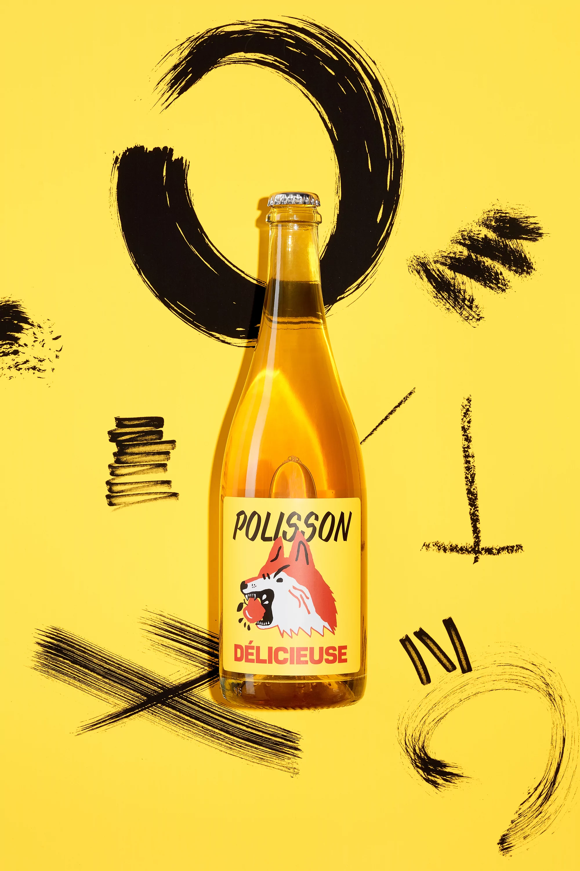 Artful product shot of a yellow-labeled Polisson beverage bottle against a bright yellow background with abstract black brushstroke patterns.