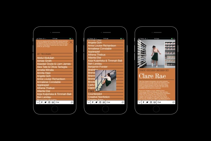 Three iPhones display curated creative professional profiles with images and text on an orange background. Black background. Digital.