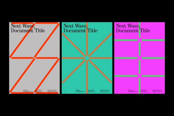 Abstract art posters feature geometric shapes and modern typography in bold colors: gray, teal, and magenta with orange and green accents.