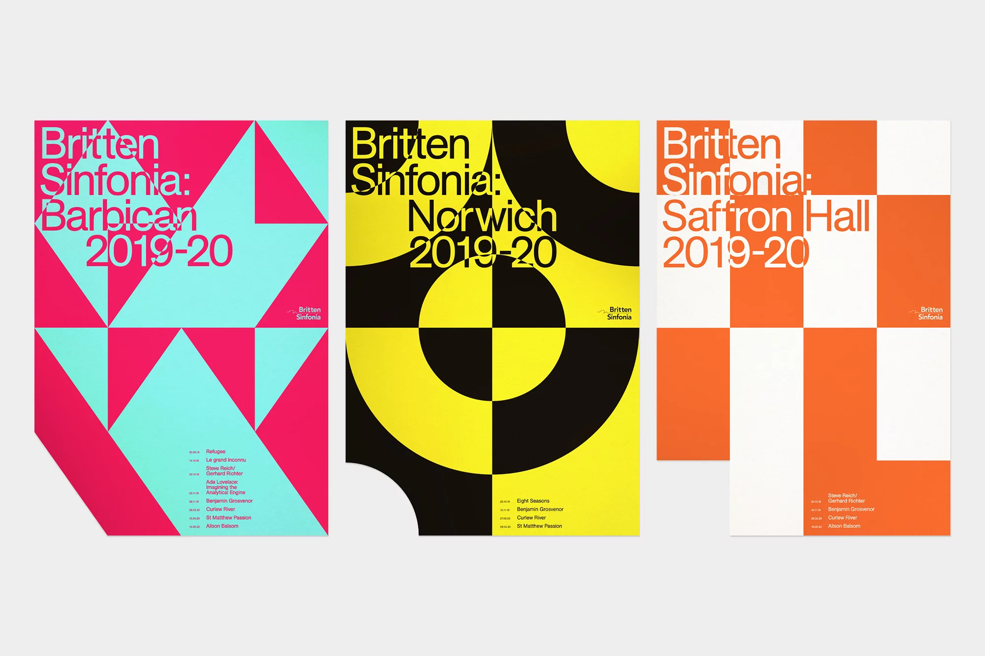 Three Britten Sinfonia posters featuring geometric designs and text for Barbican, Norwich, and Saffron Hall, all for the 2019-20 season.