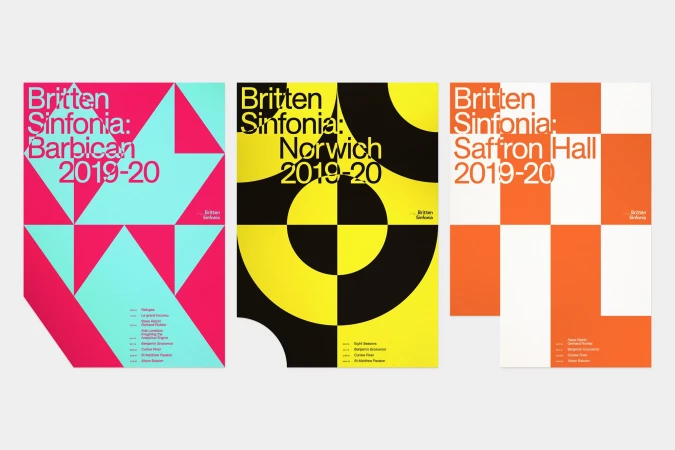 Three Britten Sinfonia posters featuring geometric designs and text for Barbican, Norwich, and Saffron Hall, all for the 2019-20 season.