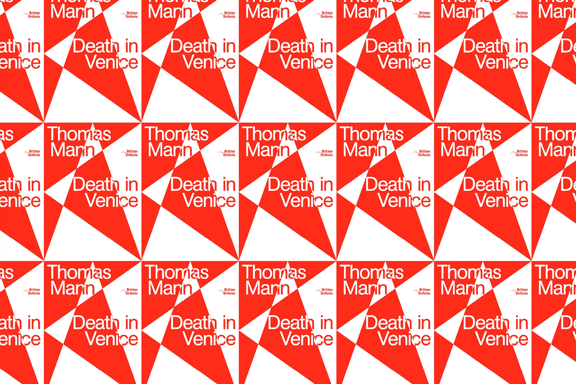 Book cover pattern featuring 'Death in Venice' by Thomas Mann in white text on a red and white geometric background, repeated.