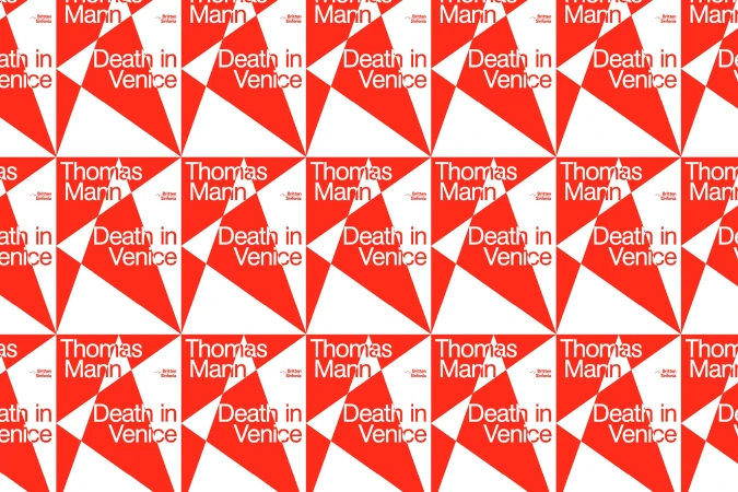 Book cover pattern featuring 'Death in Venice' by Thomas Mann in white text on a red and white geometric background, repeated.