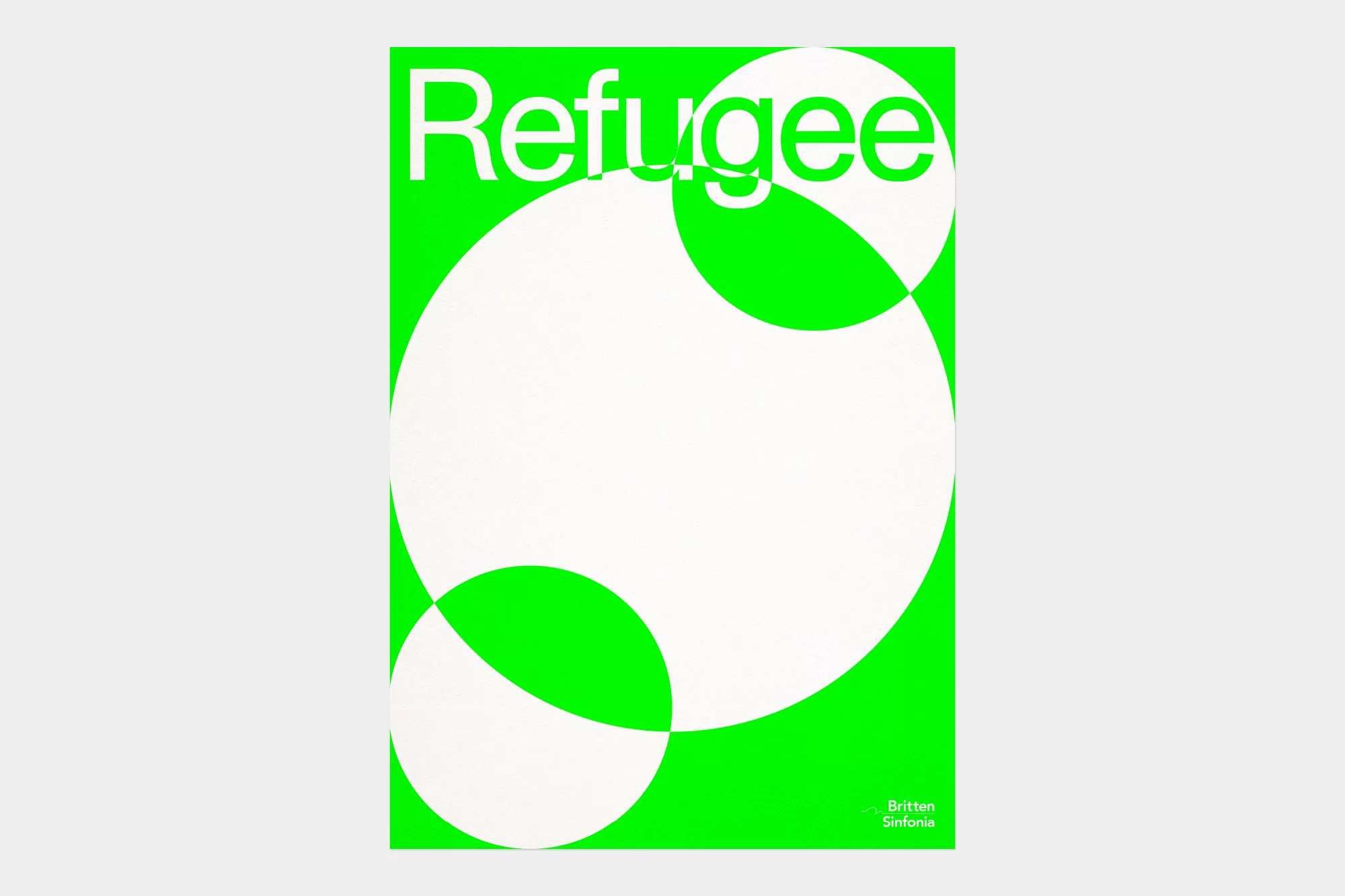 Graphic poster with the word 'Refugee' in bold white letters over a bright green background with a geometric white circle design.