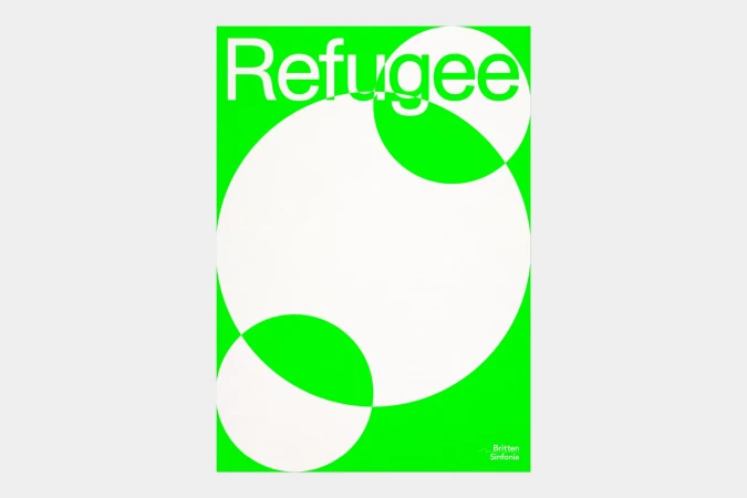 Graphic poster with the word 'Refugee' in bold white letters over a bright green background with a geometric white circle design.