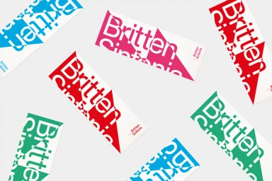 Britten Sinfonia brand identity featuring rectangular graphic tickets in red, blue, green, and pink on a light grey background.