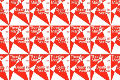 Repeating graphic pattern featuring bold red and white geometric shapes with repeated typography reading Thomas Mann Death in Venice