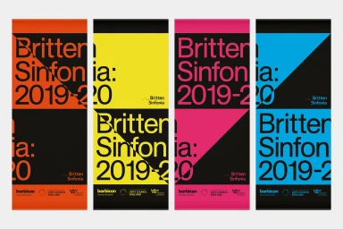 Four vertical graphic design posters with diagonal black and color blocking featuring Britten Sinfonia typography