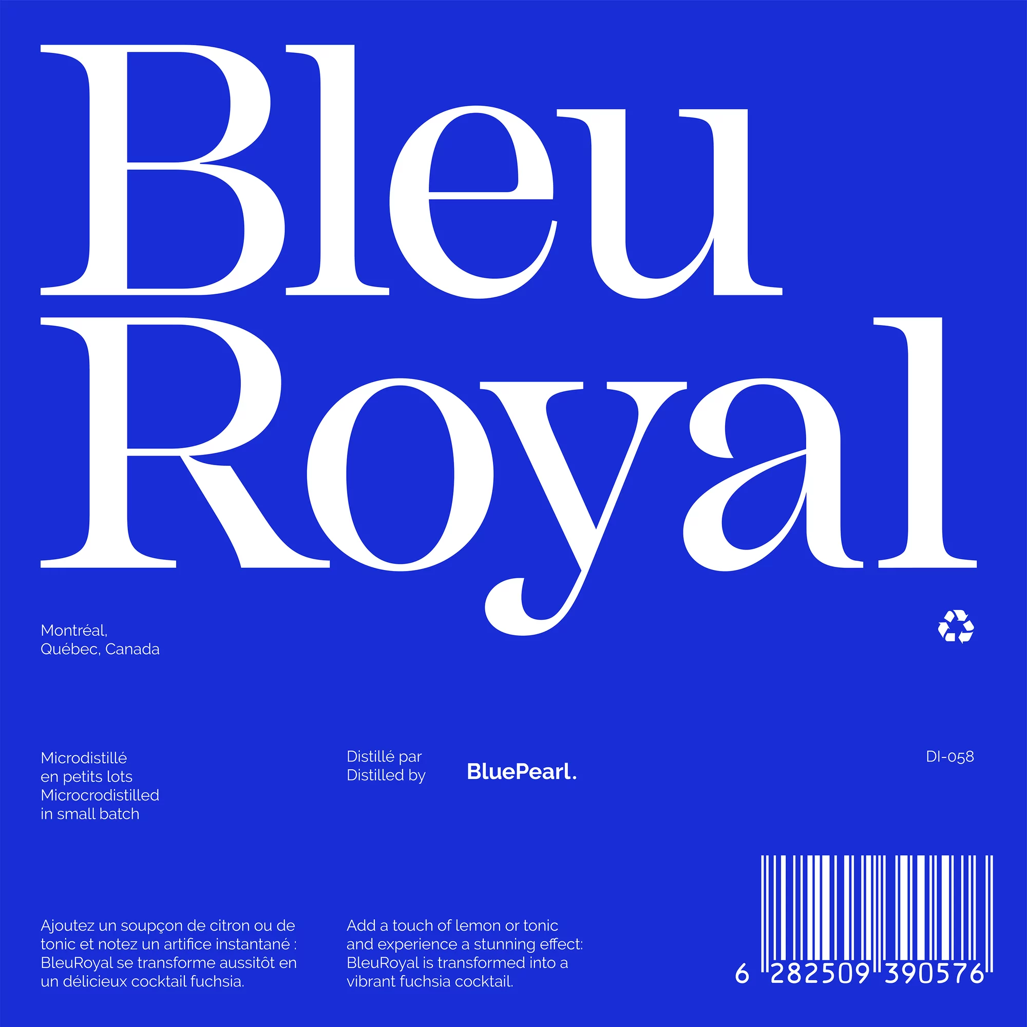 Blue Royal text graphic design against a bright blue background with details about the product and Montreal, Quebec, Canada.
