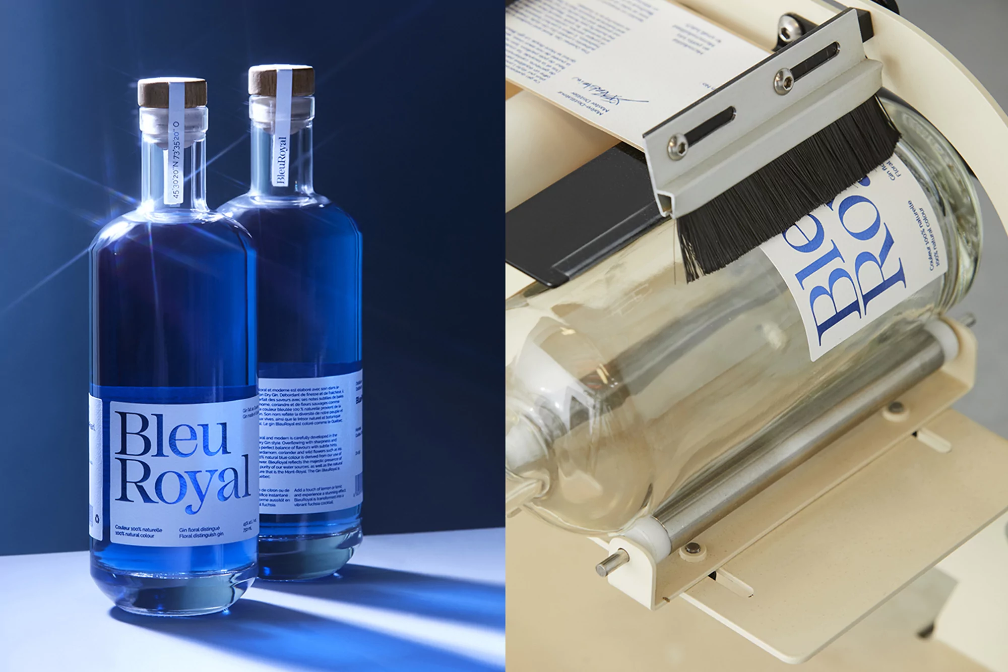 Two blue gin bottles, one going through a labeling machine. Clear bottles with white labels, on display for food and beverage marketing.