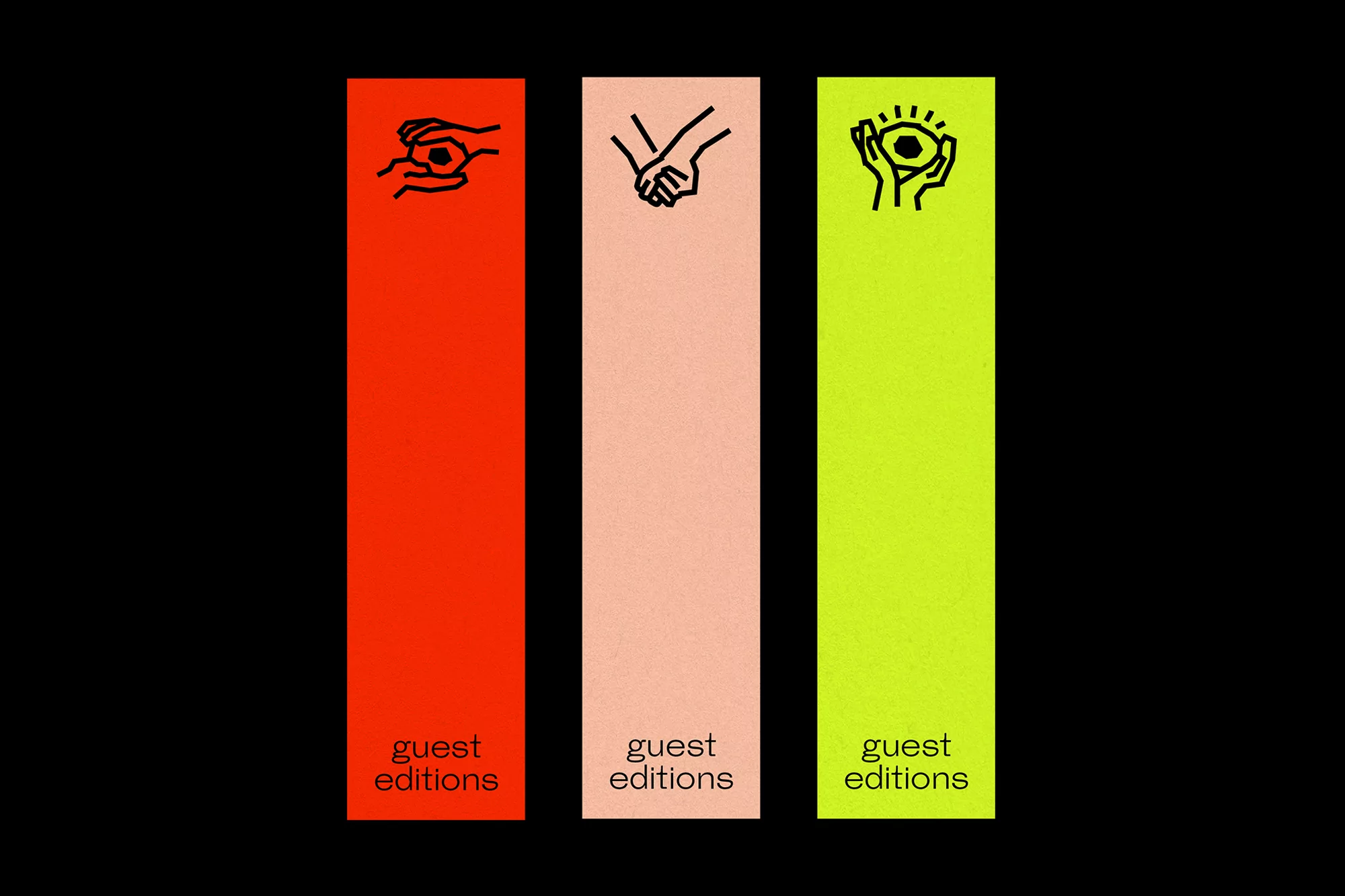 Graphic design: Three vertically oriented banners in orange, beige, and chartreuse feature line art and 'guest editions' text.