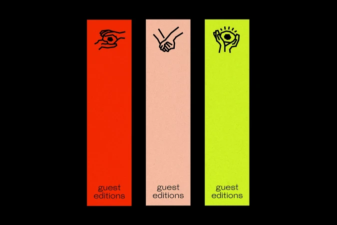 Graphic design: Three vertically oriented banners in orange, beige, and chartreuse feature line art and 'guest editions' text.