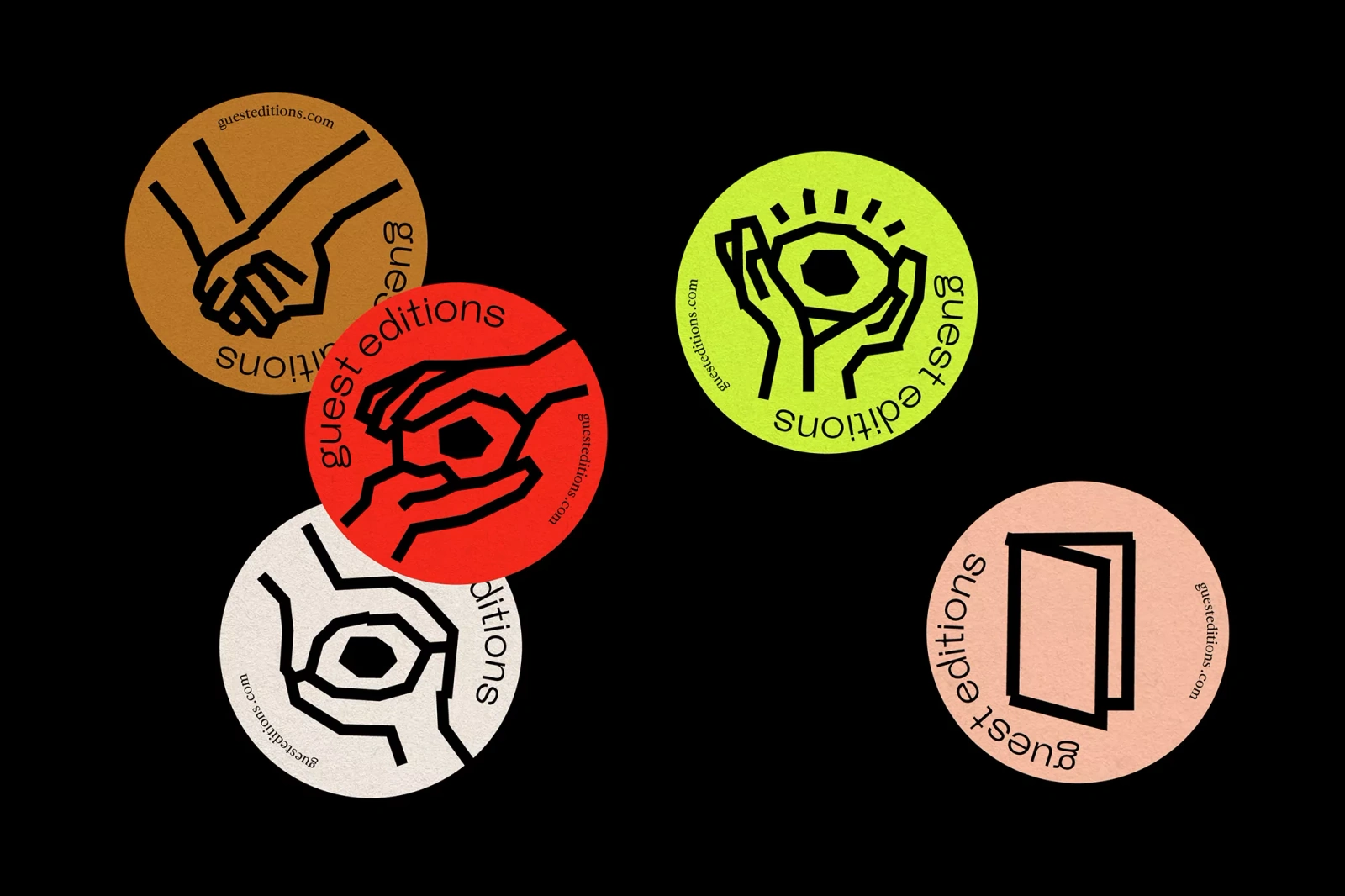 Five circular stickers with graphic illustrations and typography arranged on a black background
