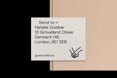 Printed mailing label with sans serif typography and hand drawn line illustration on a textured book cover