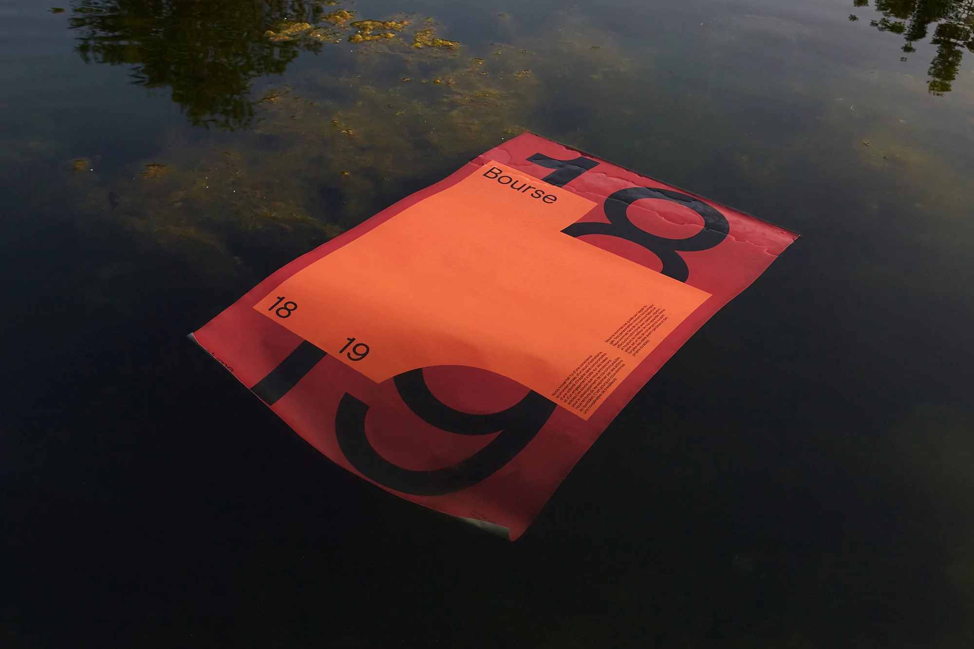 An eye-level shot displays a poster with orange and black text floating on dark water with a backdrop of green vegetation and dark reflections.