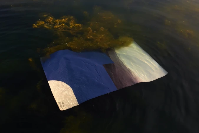 Abstract image featuring a blue and white graphic lying partially submerged in rippled water, reflecting sky and surrounded by algae.