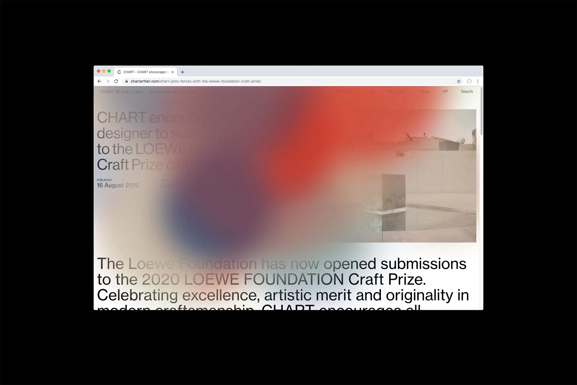 Screenshot of the Charter website featuring information about the LOEWE Foundation Craft Prize. The webpage has a blurred background.