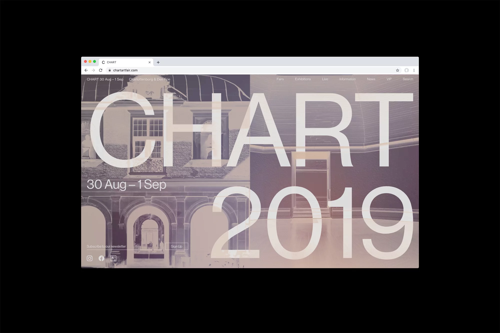 Web browser displaying the CHART art fair website, with architectural images and event dates prominently featured on a black background.