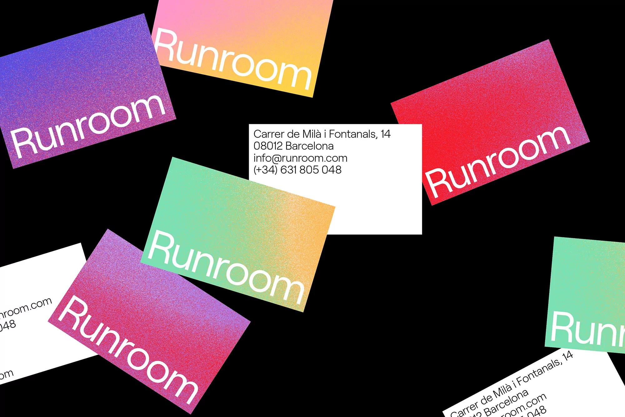 Scattered business cards on black background with pastel gradient colors and the word "Runroom" in white sans-serif font.