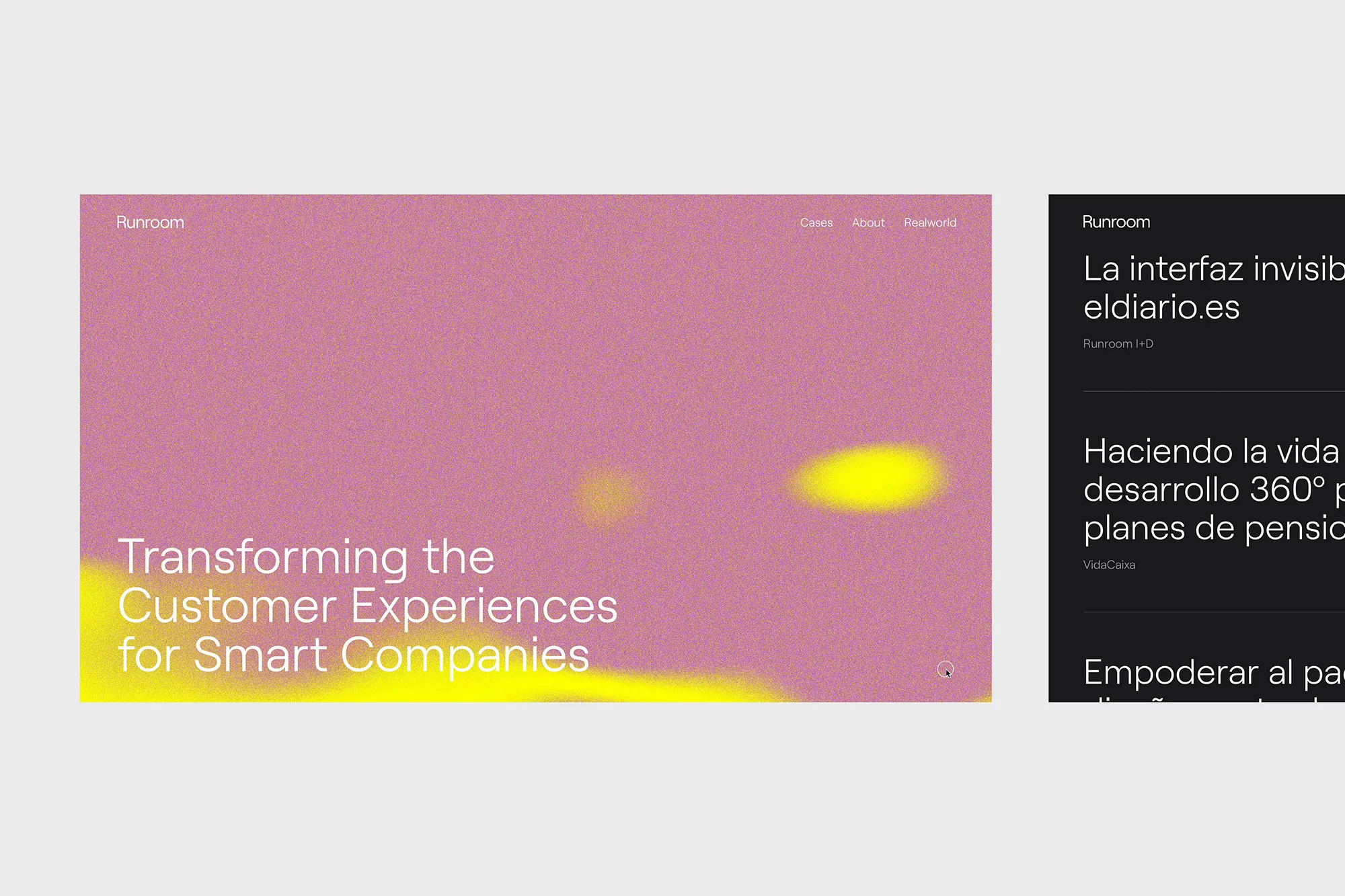 Website design featuring text "Transforming the Customer Experiences for Smart Companies" on a pink and yellow background with text snippets.