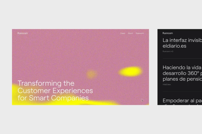 Website design featuring text "Transforming the Customer Experiences for Smart Companies" on a pink and yellow background with text snippets.