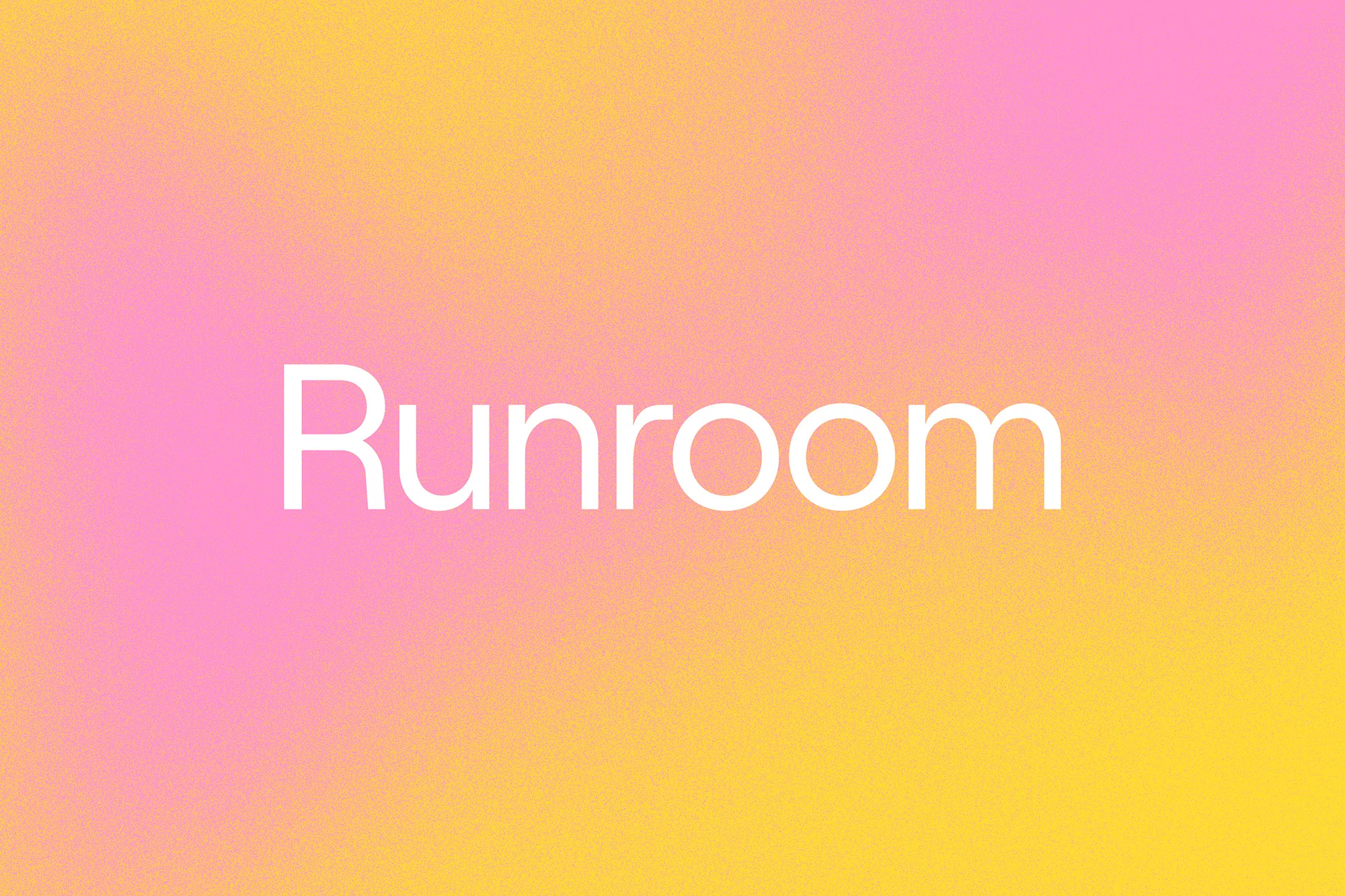 Abstract background with a blend of pink and yellow hues. A white, sans-serif typeface spells out "Runroom" in the center.
