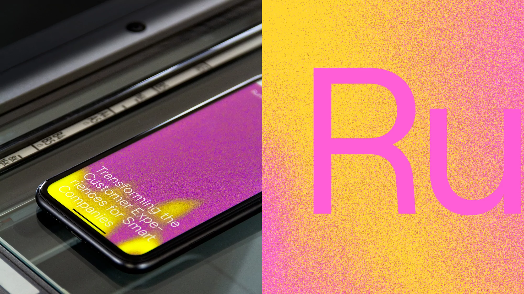 Modern smartphone on a scanner with a pink and yellow design and text overlay featuring large pink 'RU' letters and branding details.