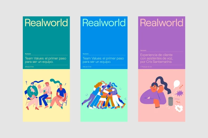 Three illustrated Realworld magazine covers feature diverse characters in team scenarios with bright colors and a clean, modern design aesthetic.
