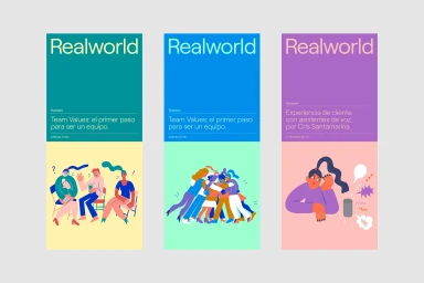 Three vertical graphic design panels featuring vibrant color blocks and stylized illustrated figures by Folch for Runroom brand identity.